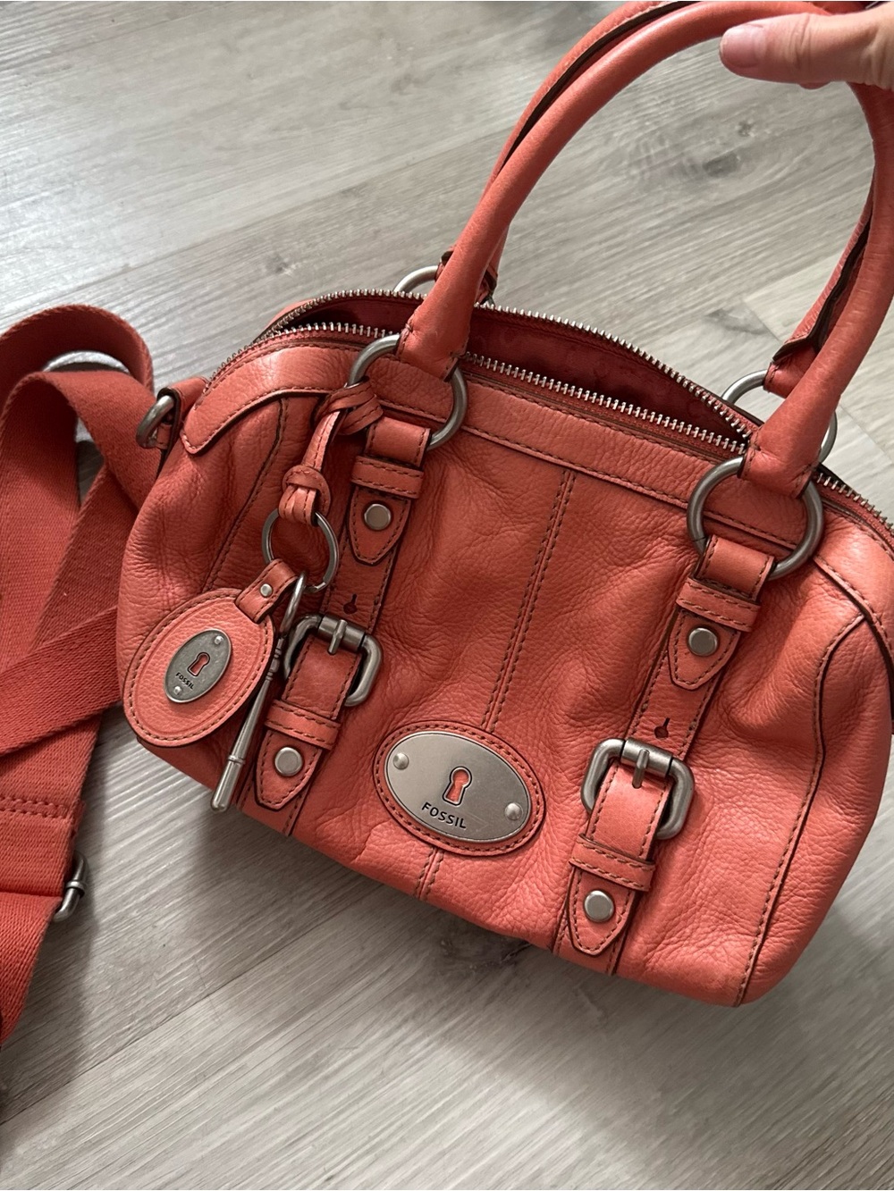 Fossil Coral-Orange Leather Satchel with Silver Hardware